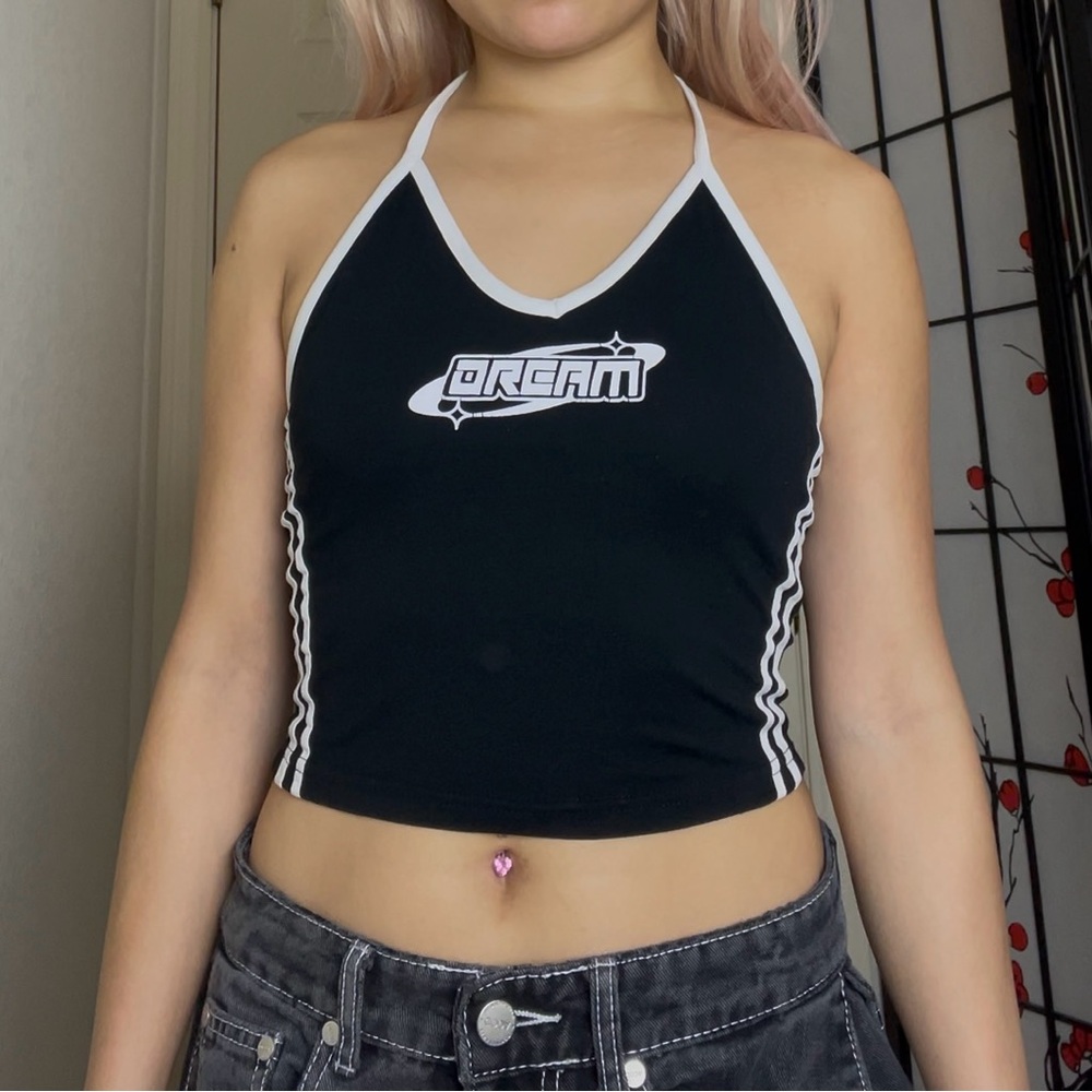 Black & White “DREAM” Star Side-Stripe Cropped Halter Tank Top
